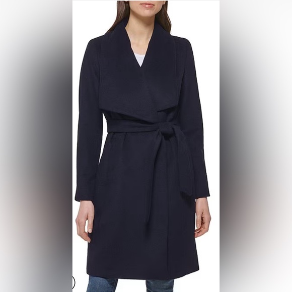 Cole Haan Jackets & Blazers - Cole Haan Oversized Wing Collar Belted Wool Blend Wrap Coat in Navy Size 4 New